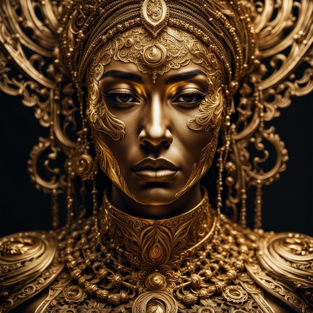Woman in Liquid Gold: Hyperrealistic Gold Metal Art