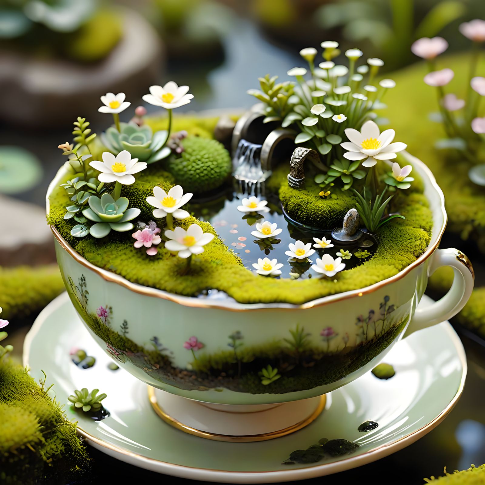Microscopic Garden Blooms Inside Delicate Teacup