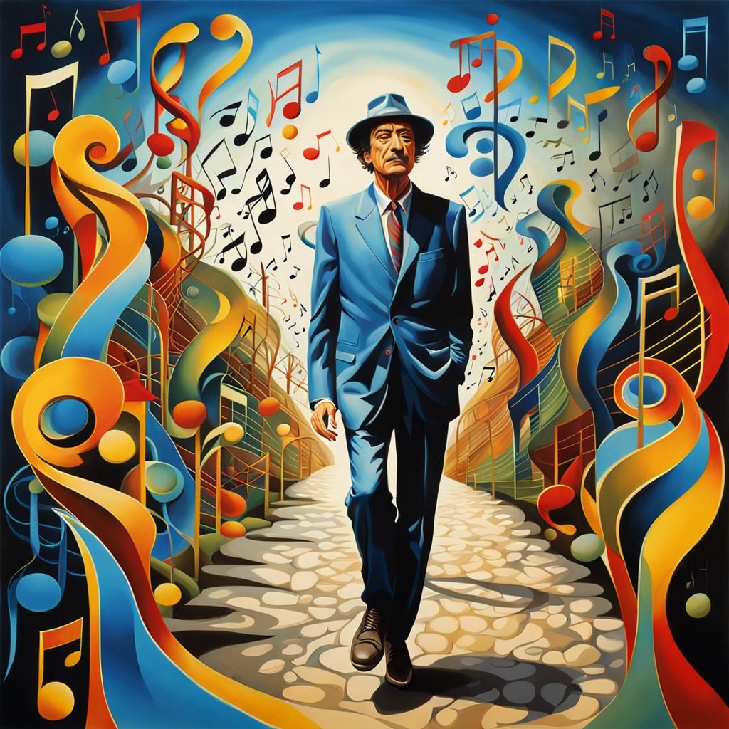 Surreal Figures Walking Between Musical Notes