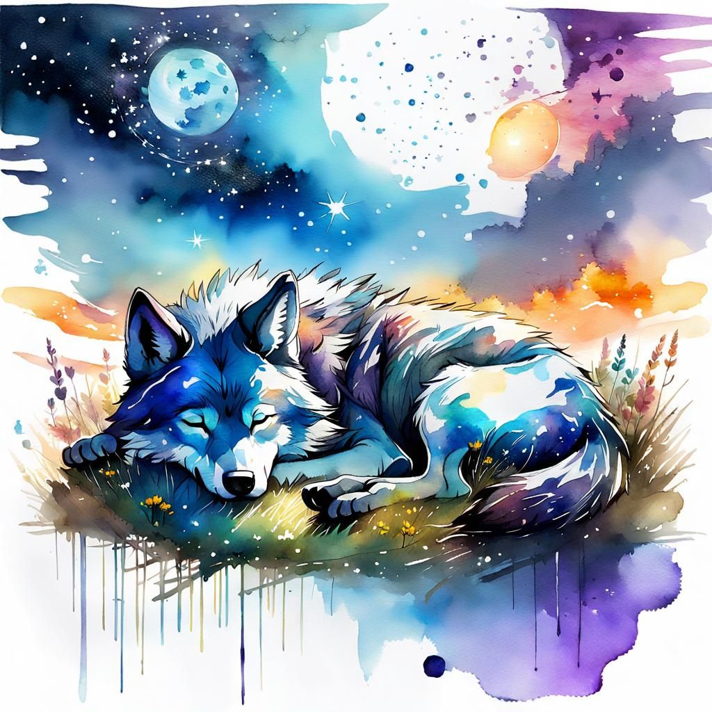 Cute Chibi Wolf Sleeping in Meadow at Night