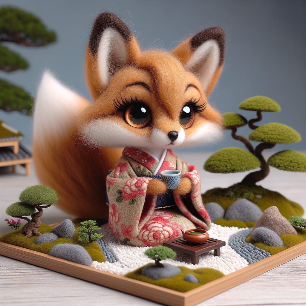 Needle-Felted Fox Sipping Tea in Zen Garden