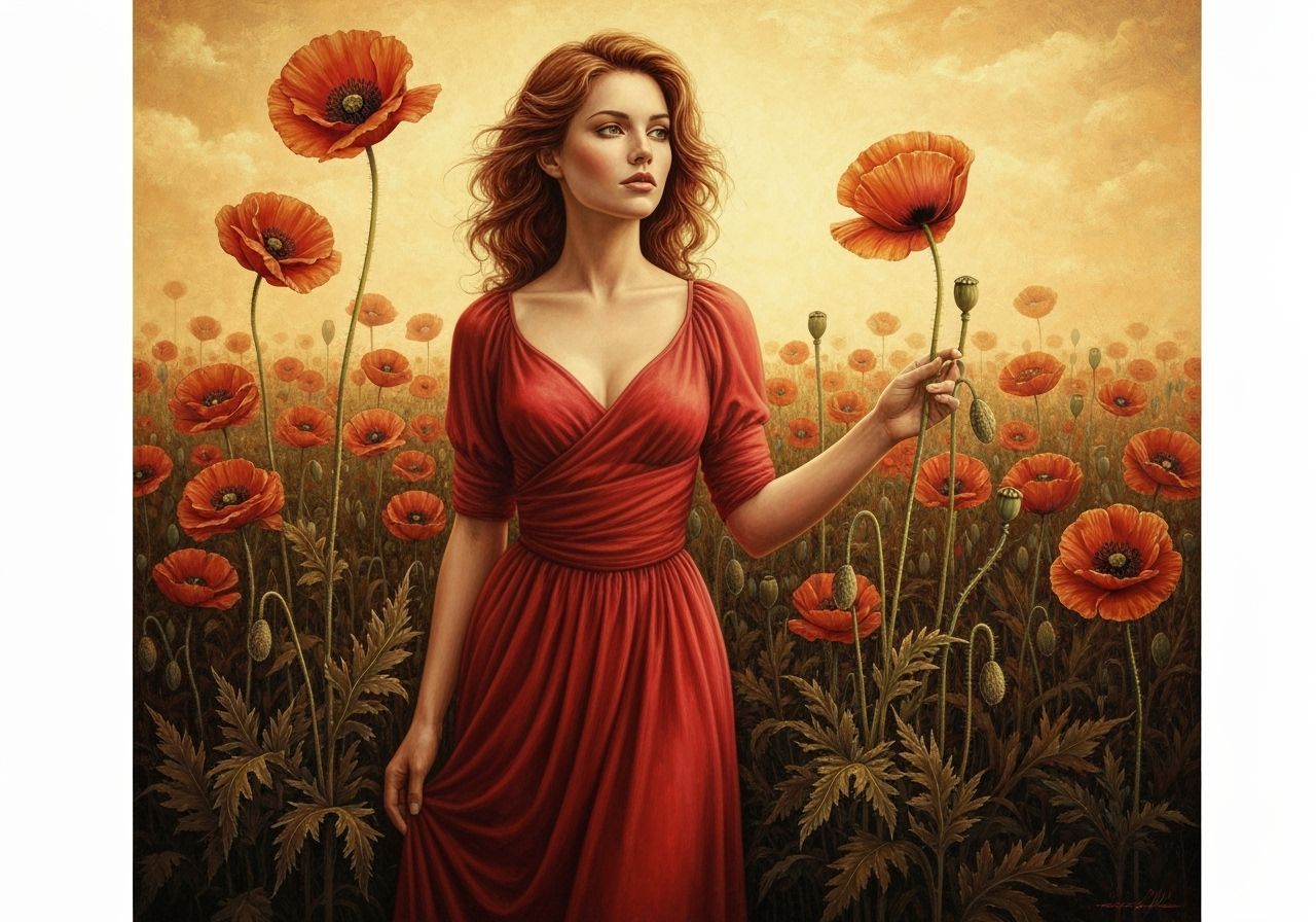 Woman in Crimson Dress Amidst Poppy Field