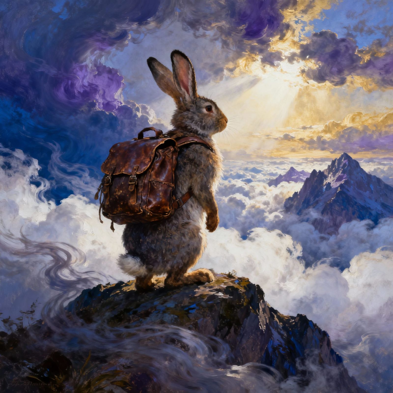 Rabbit on Mountain Peak Above Sea of Clouds Oil Painting