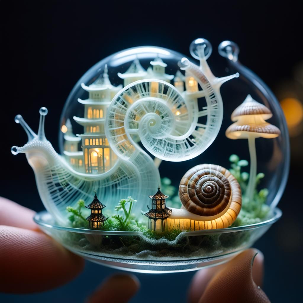 Luminescent Asian Palace Inside Glass Snail Shell