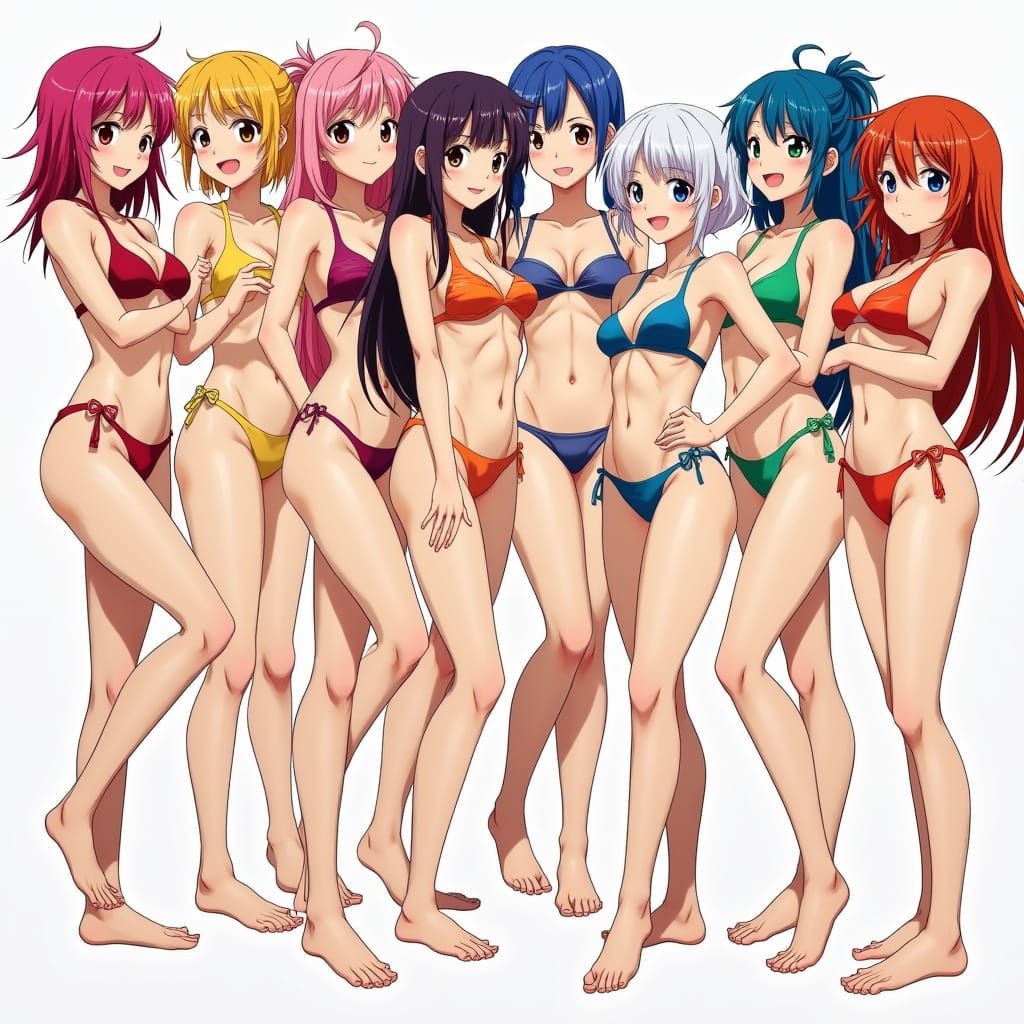 Anime Girls with Rainbow Hair in Vibrant Swimsuits