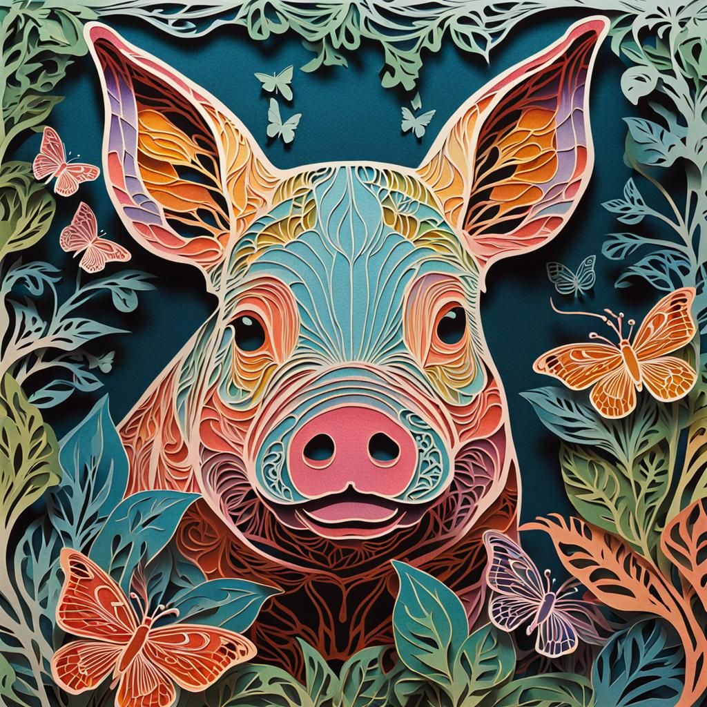 Colorful Kirigami Pig with Butterfly in Art Nouveau Style