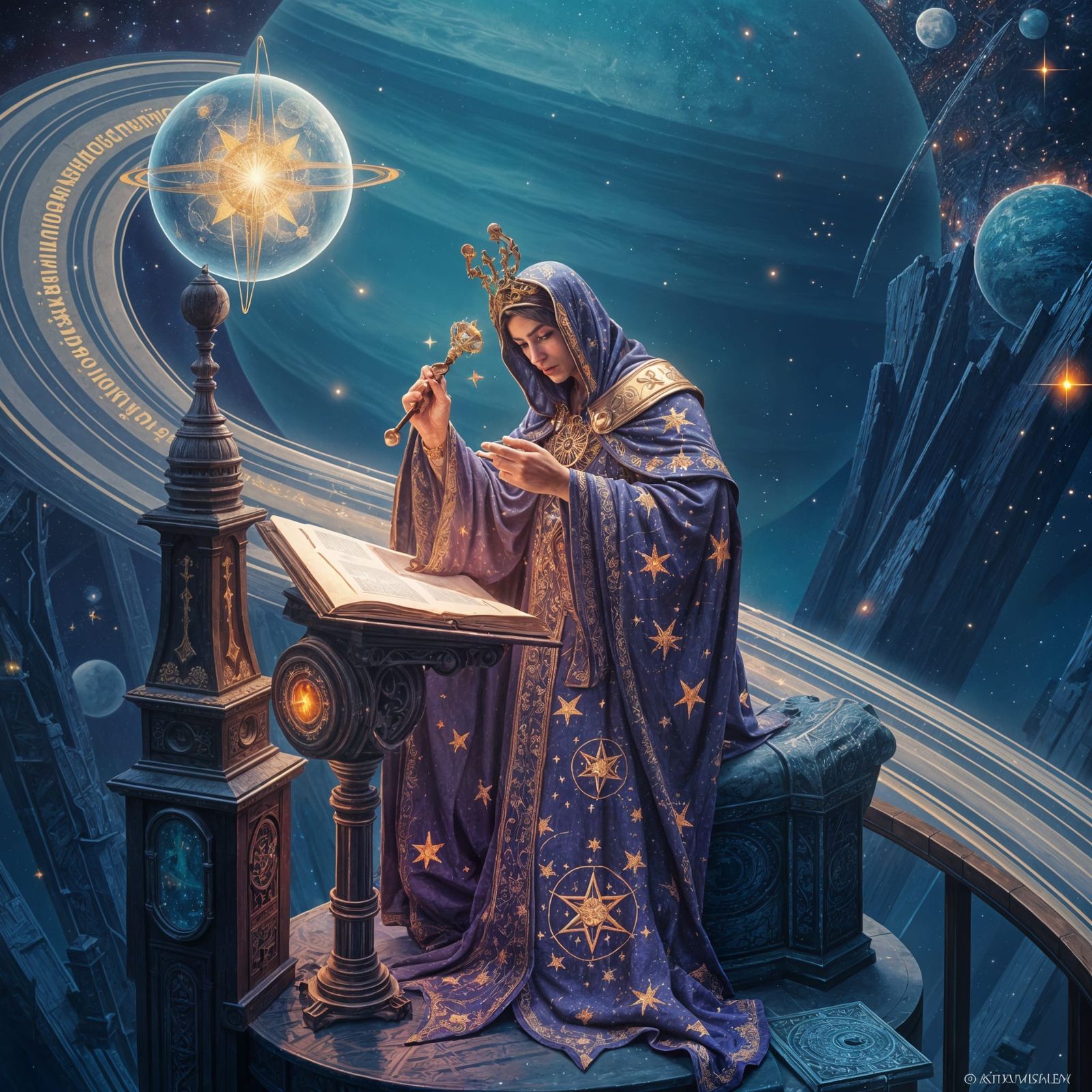 Cosmic Calligrapher Inscribing Poetry, Art Nouveau Style