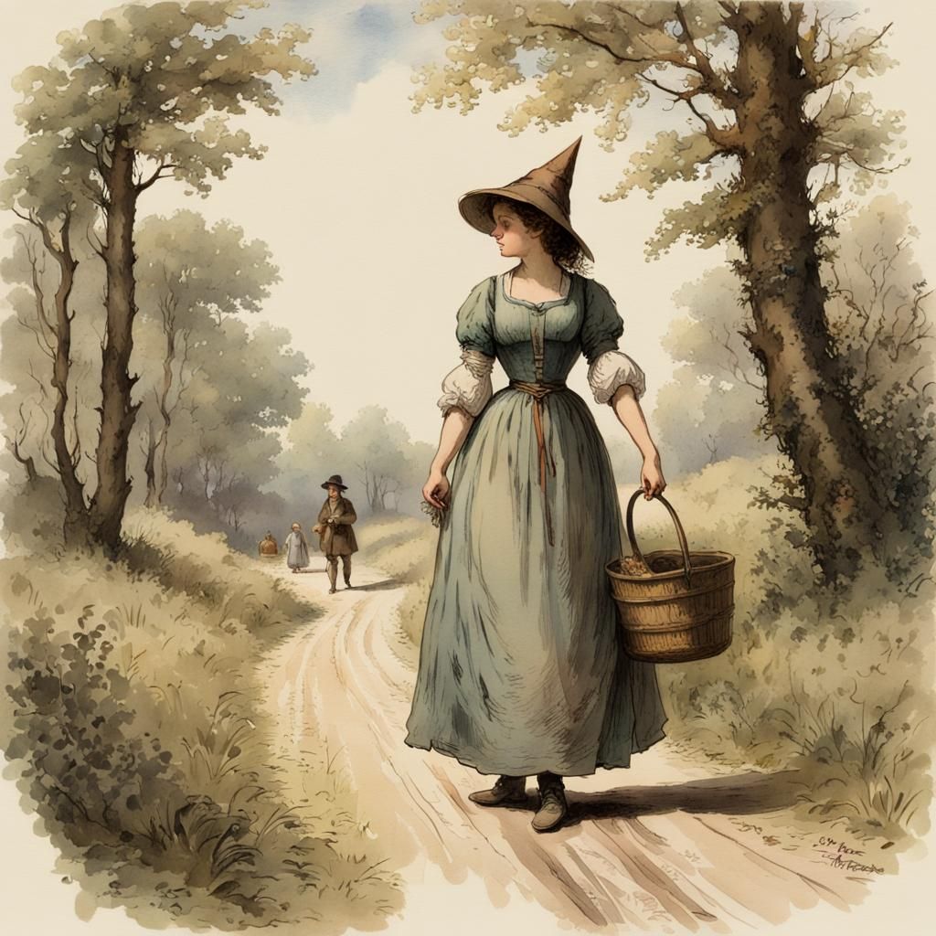 Novice Witch and Peddler Illustration in Lithograph Style