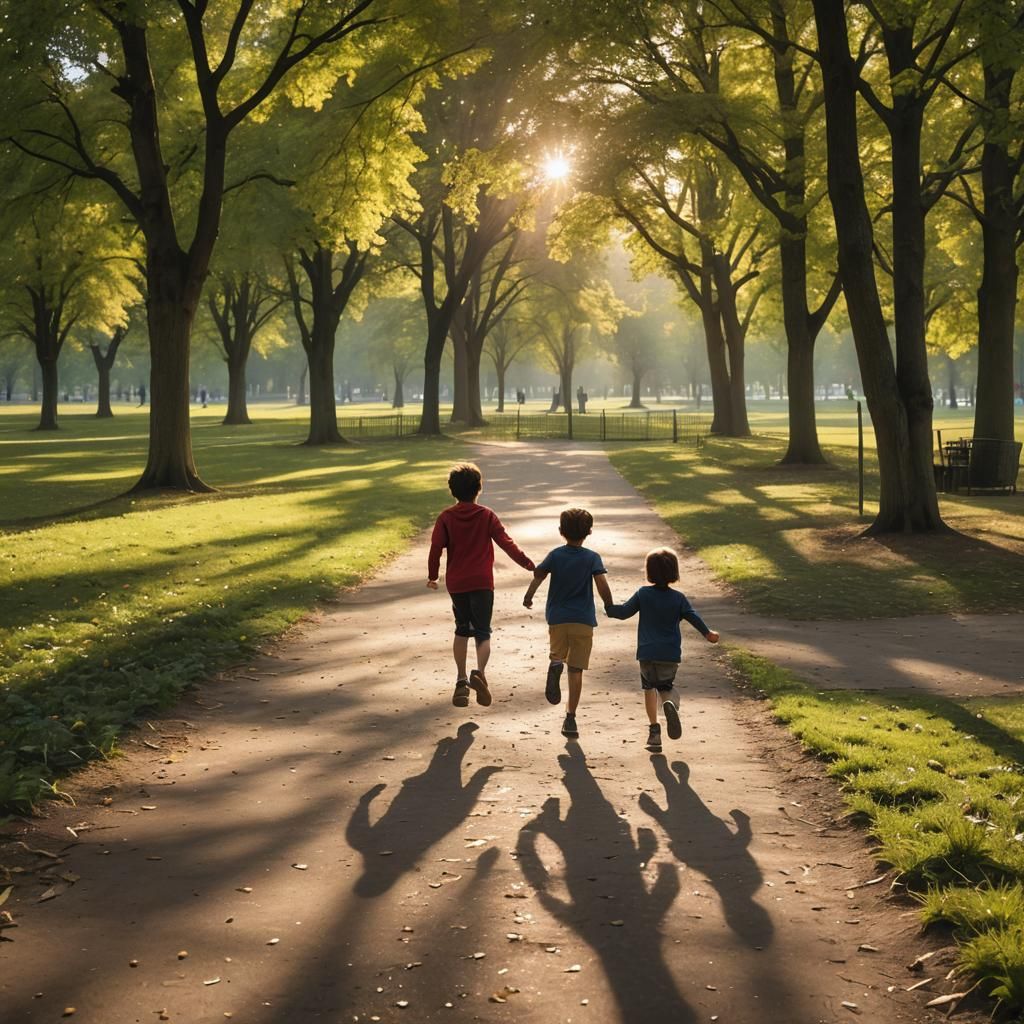 Children Running on Sunlit Path in Park