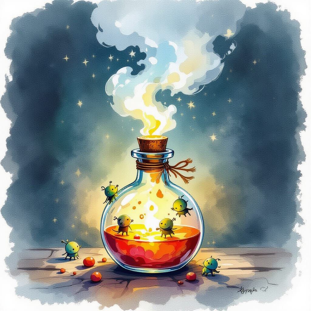 Fumigating Potion with Escaping Creatures in Watercolor Styl...