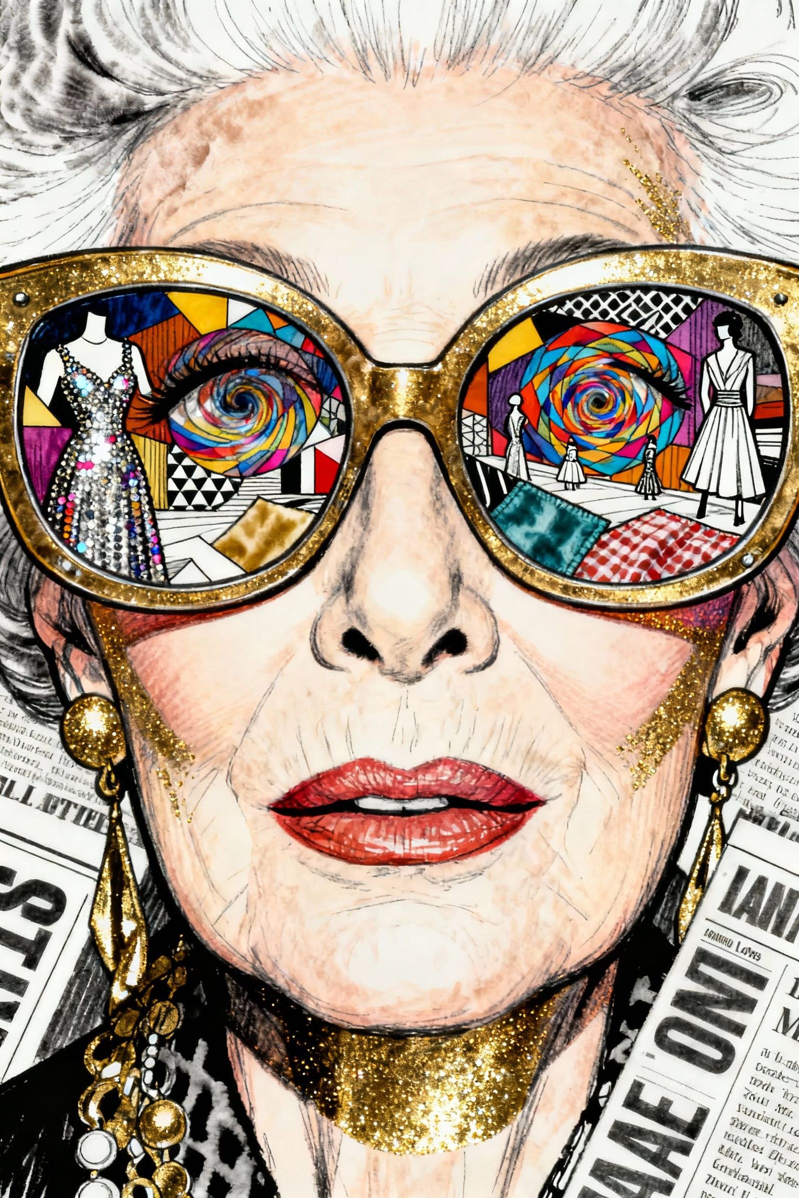 Iris Apfel Portrait in Antonio Lopez Style with Reflective E...
