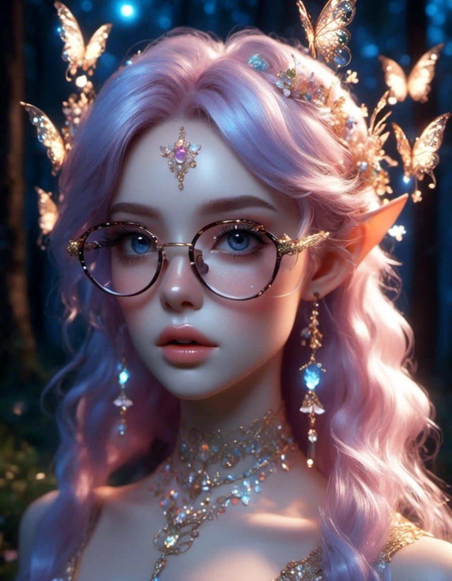 Fairy Woman Portrait with Round Glasses in 3D