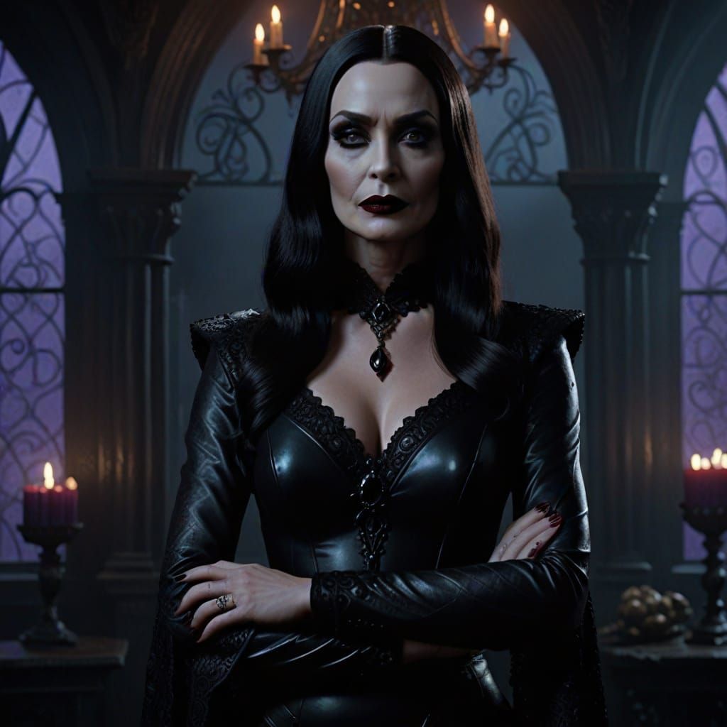 Morticia Addams in Black Leather Gown: Digital Painting
