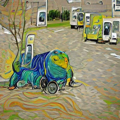 Dinosaur in Wheelchair: Van Gogh-Style Painting