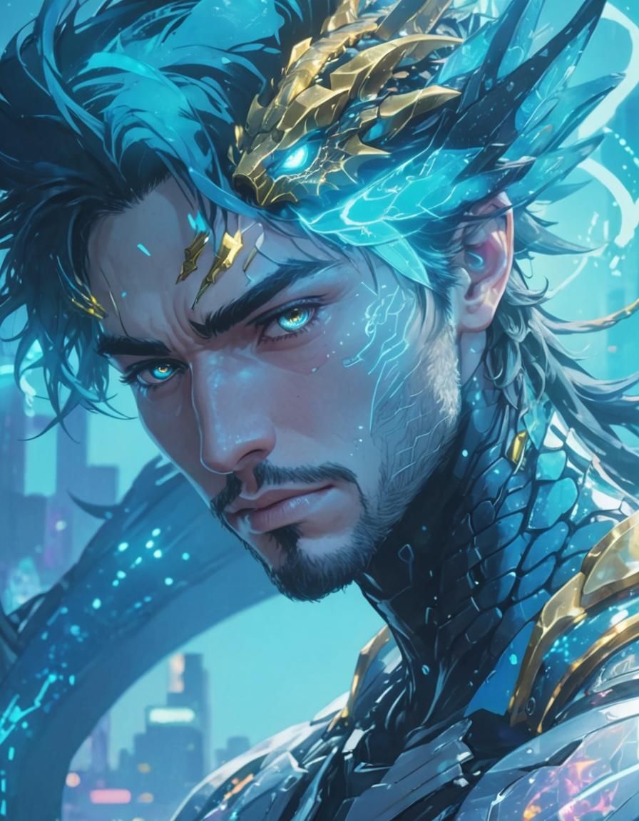 Cyber Bioluminescent Dragon Prince in Neon City