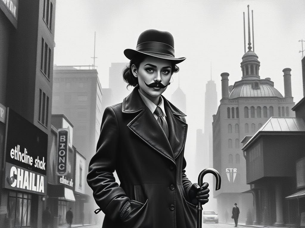 Futuristic Noir: Female Chaplin Impersonator in Charcoal