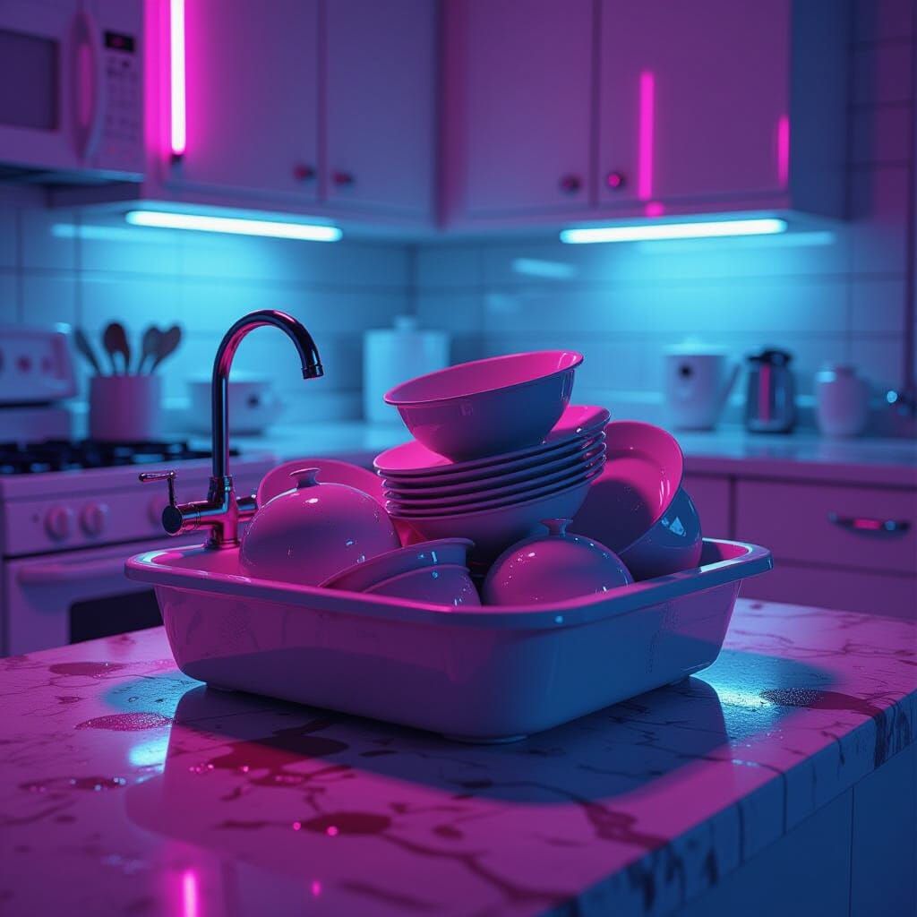 Dystopian Kitchen Still Life in Neon Rose Light