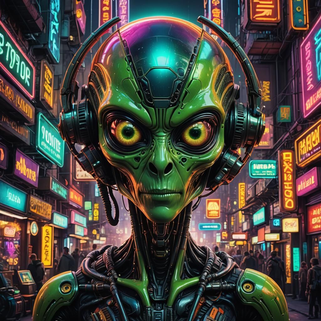 Vibrant Alien Portrait with Neon Cityscape in Steampunk Styl...
