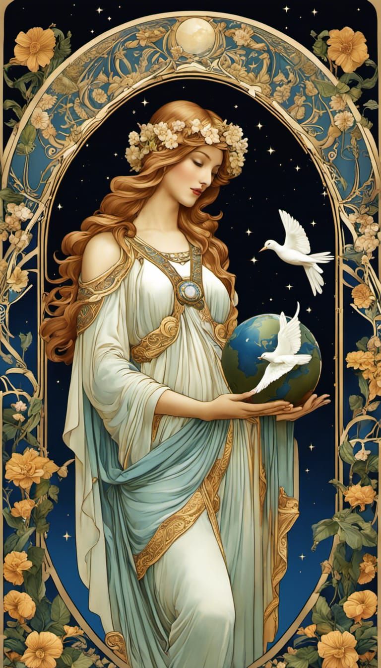 Goddess of Peace Holding Planet Earth in Art Nouveau Style