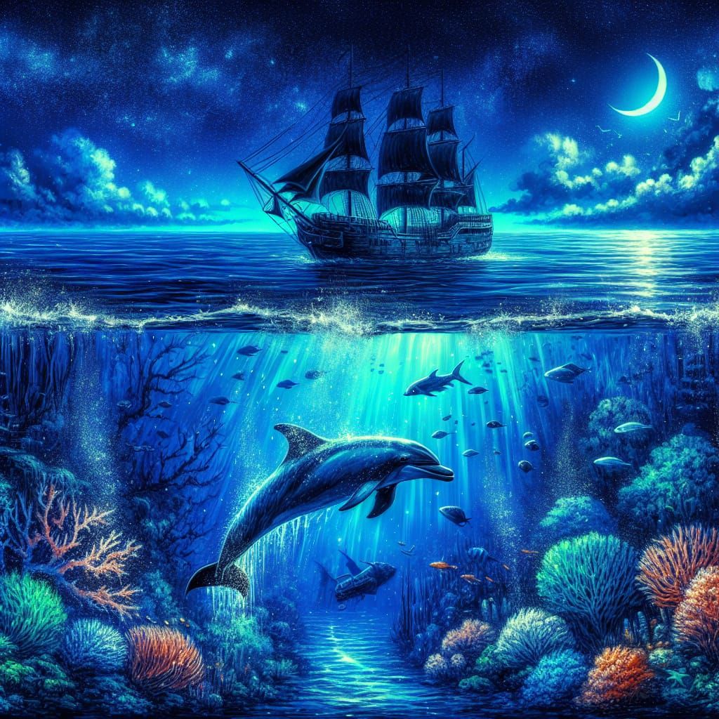 Underwater Dolphin and Pirate Ship at Night