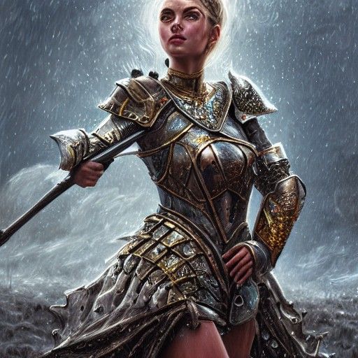 Armored Princess Goddess in Rain, Realistic Matte Painting