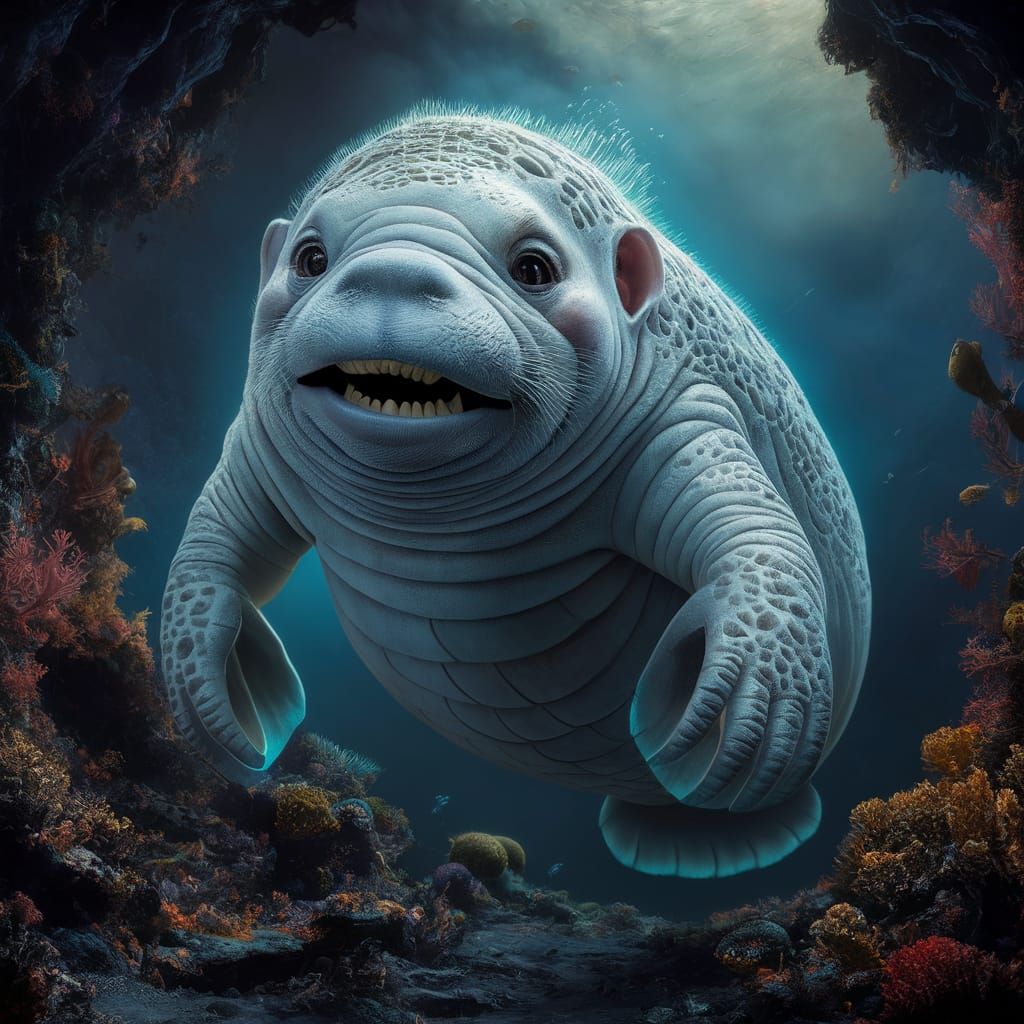 Hyperrealistic Human-Manatee Hybrid in Underwater Scene