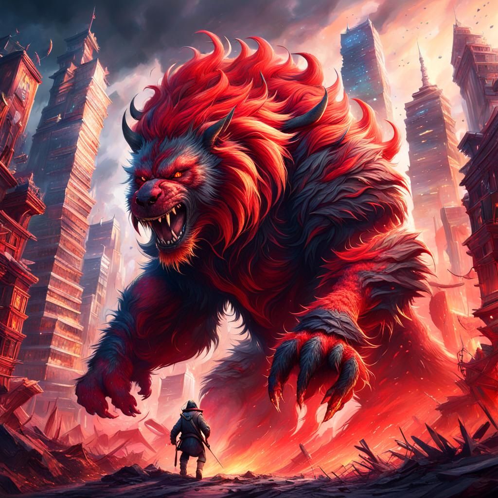 Giant Furry Beast Devastates Urban Landscape in Vibrant Fant...