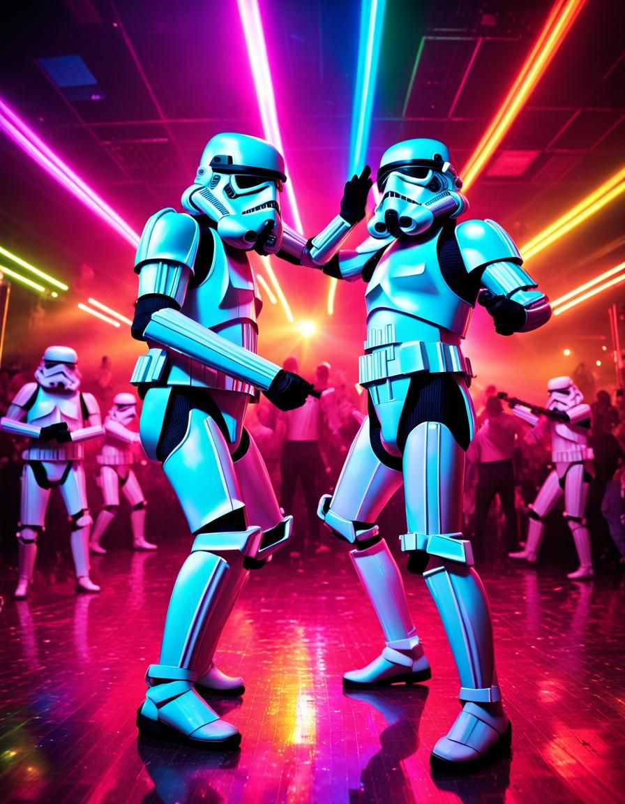Rainbow Stormtroopers Dance in 80s Disco, Hyperrealistic