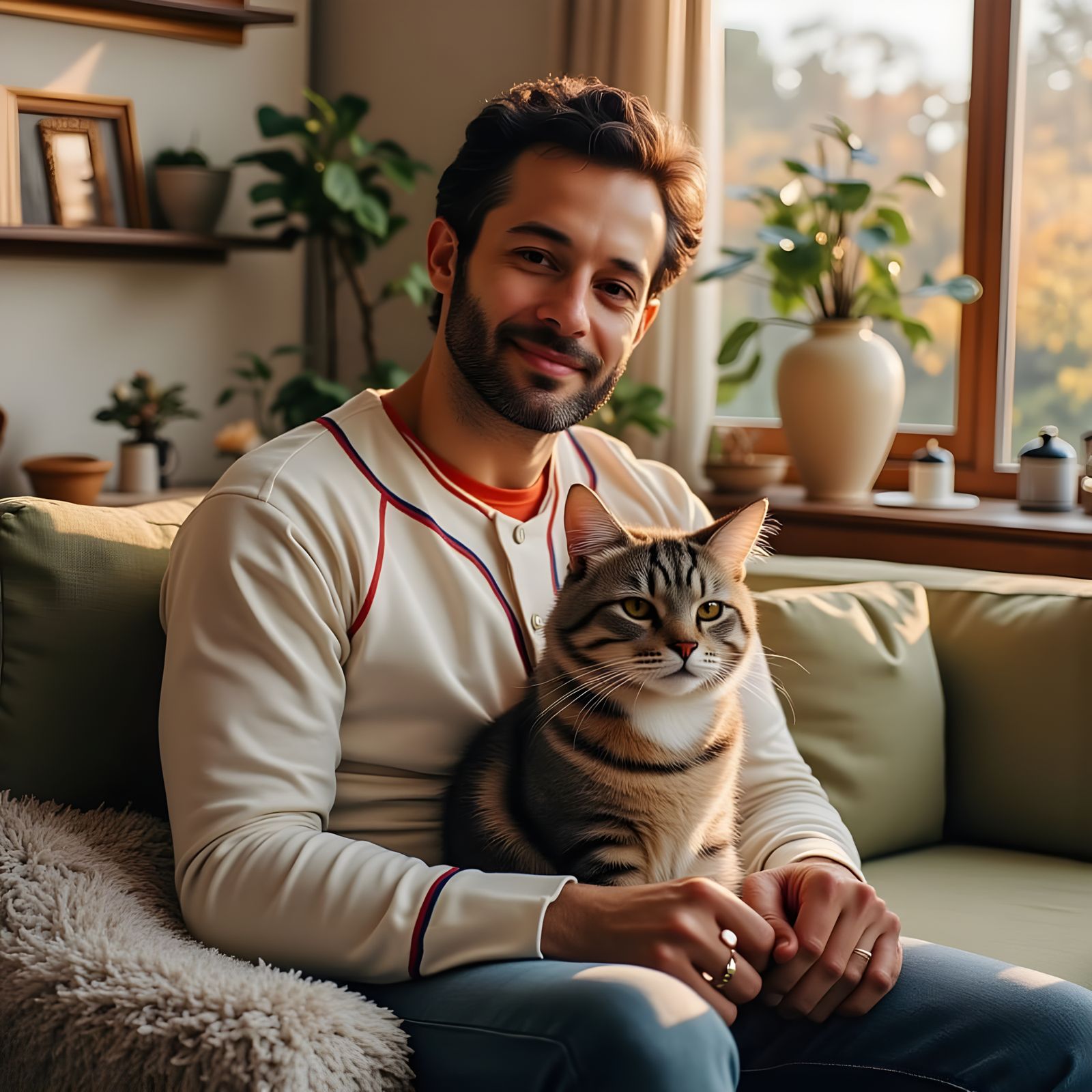 Friendly Man and His Light Gray Cat in Cozy Autumn Scene