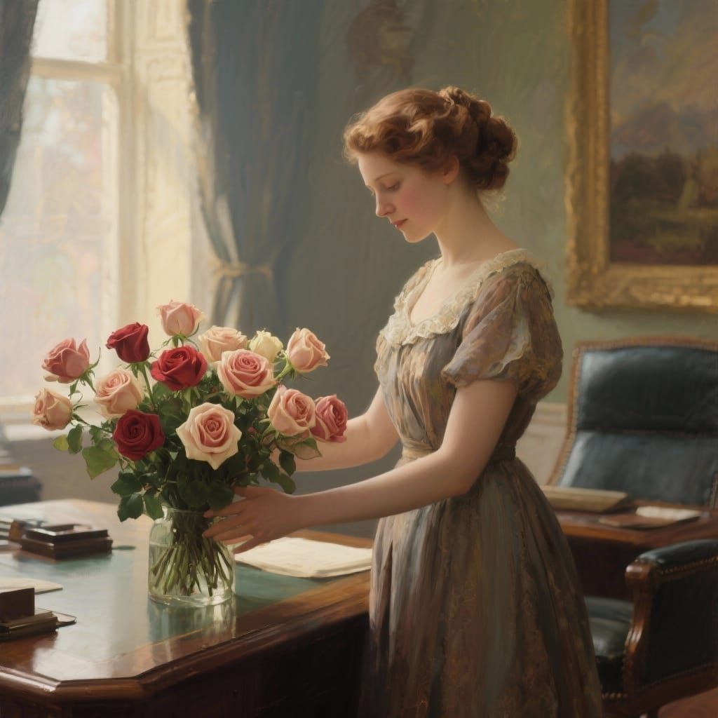 Elegant Woman Arranges Roses in Opulent Office