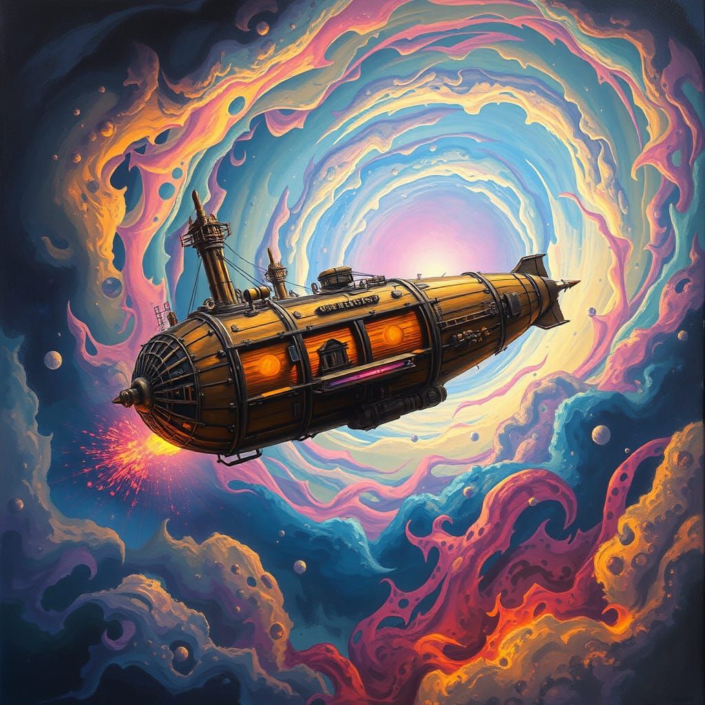 Steampunk Airship Soaring Through Colorful Vortex