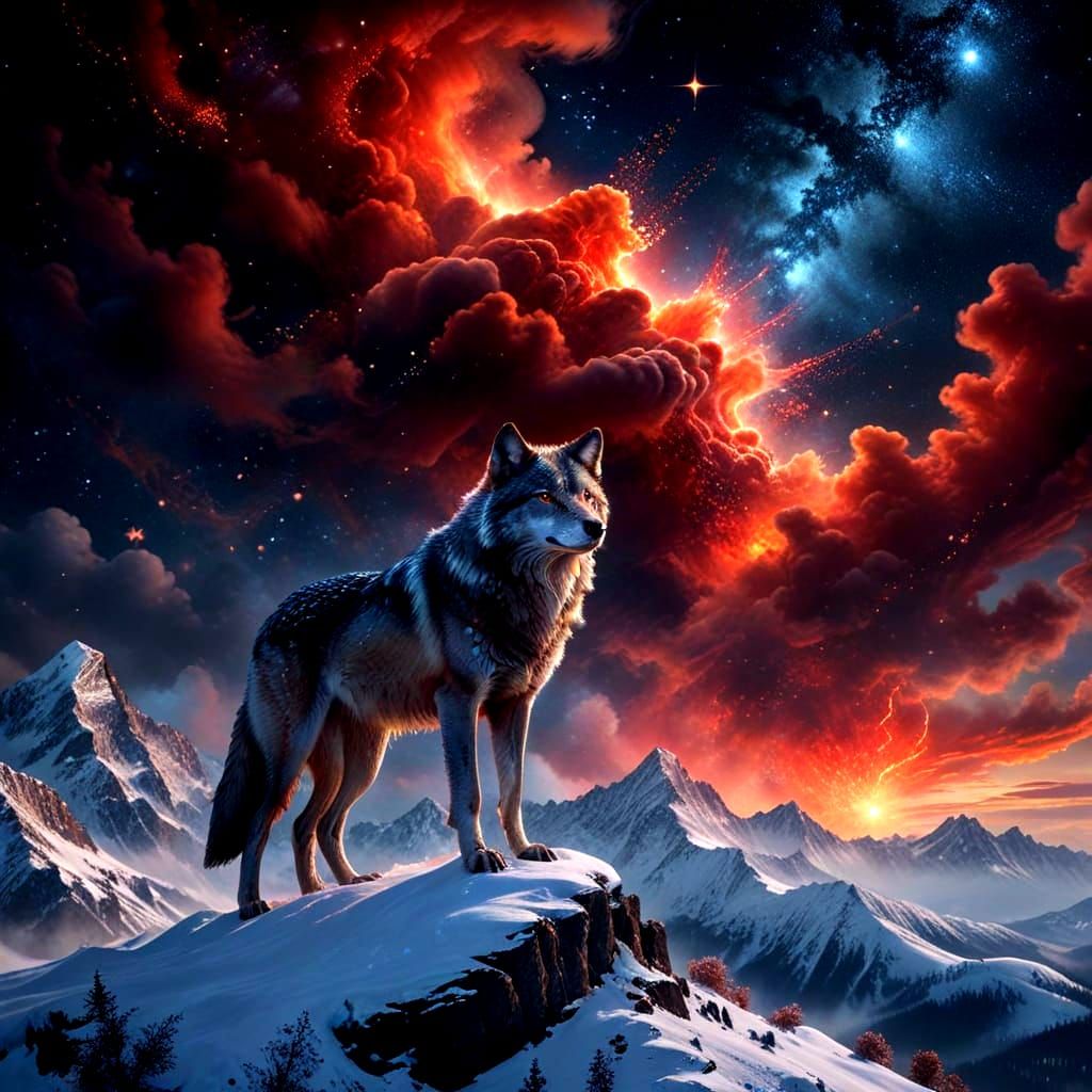 Cosmic Wolf on Snowy Peak in Rembrandt Style