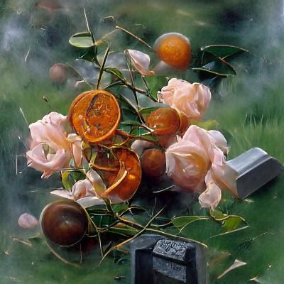 Roses and Myrtle in Churchyard, Oil Painting