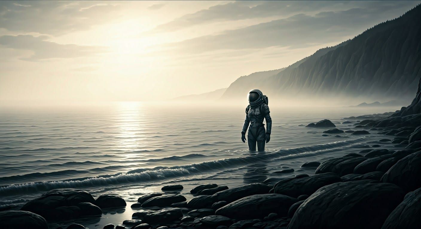 Astronaut Emerges from Misty Shore: Charcoal Sketch