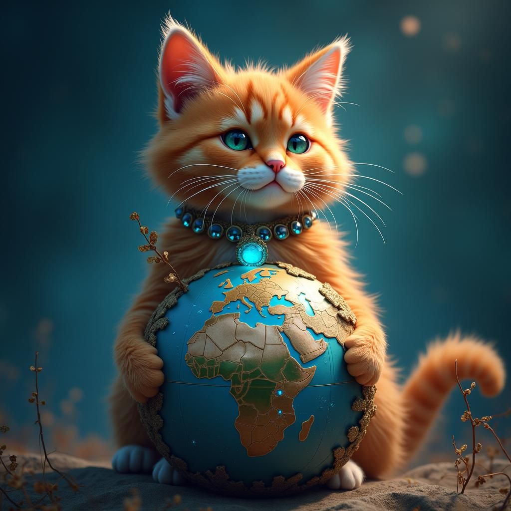 Majestic Cat Hugging Earth in Fantasy Style