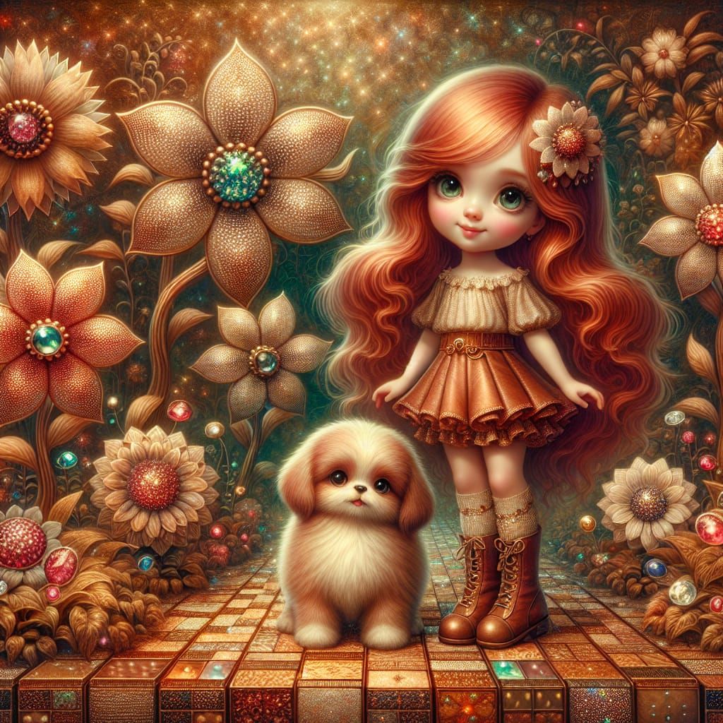 Whimsical Fantasy Girl Stands Amongst Sparkling Flowers in W...