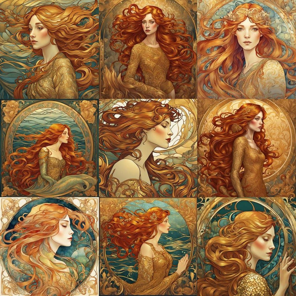 Art Nouveau Mermaid in Renaissance Gold Dress