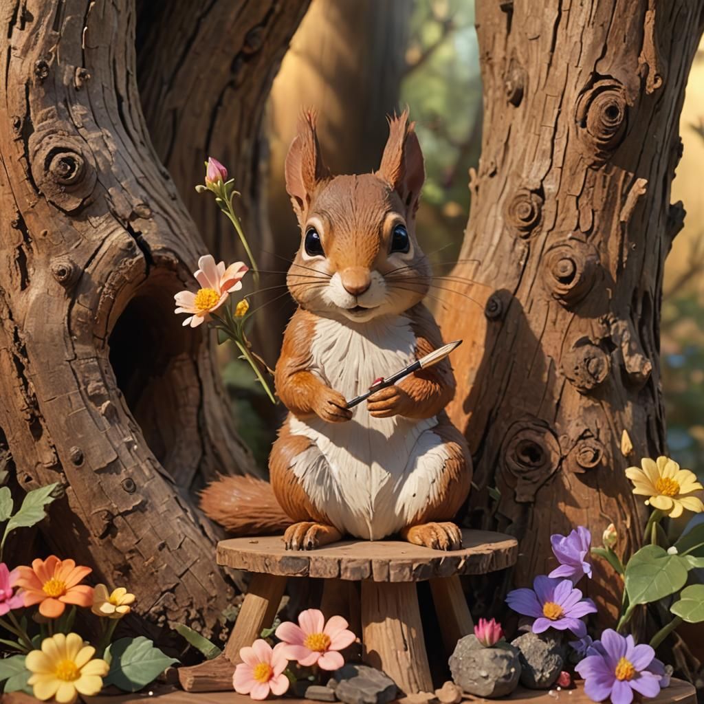 Squirrel Artist in Magical Woodland Art Studio