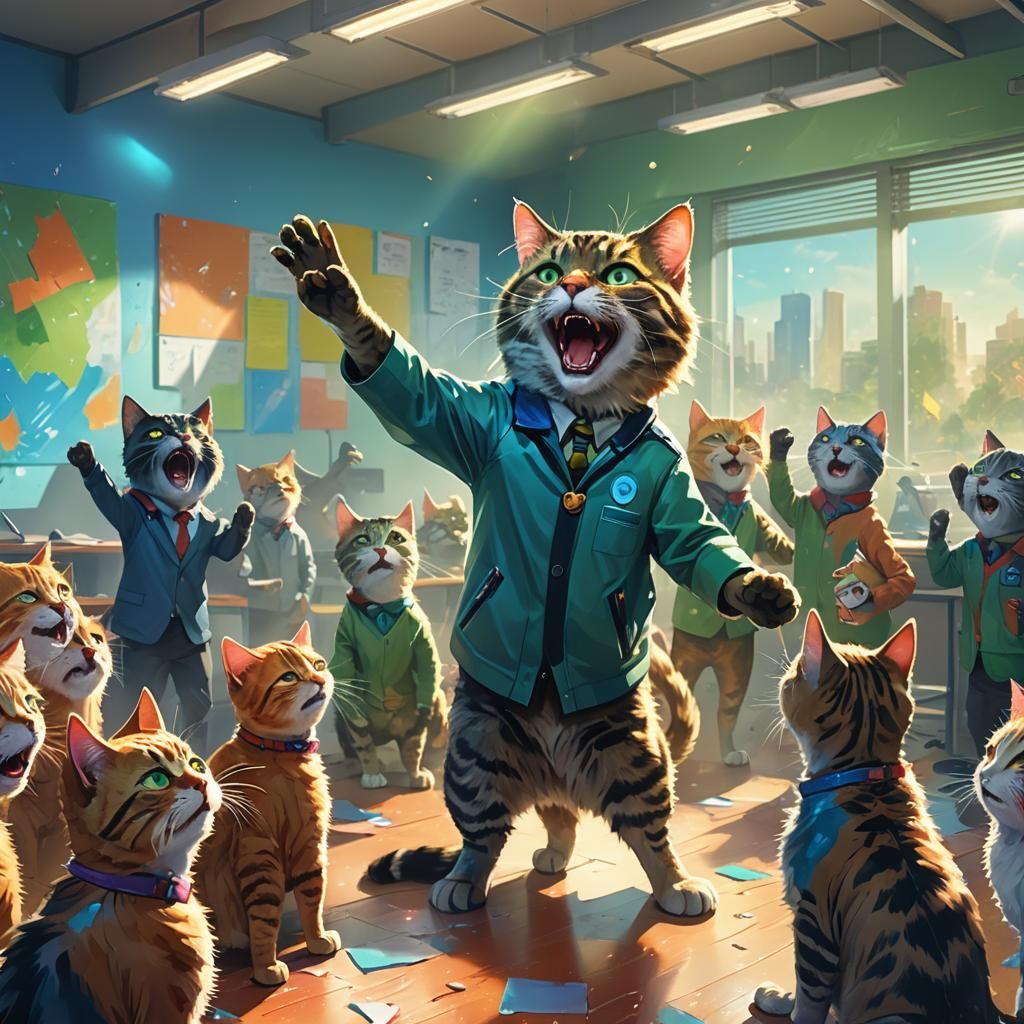 Cat Teacher Scolding Students in Futuristic Classroom