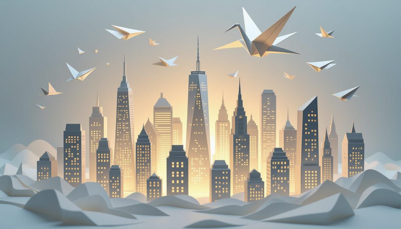 Papercraft Cityscape with Paper Airplanes and Crane