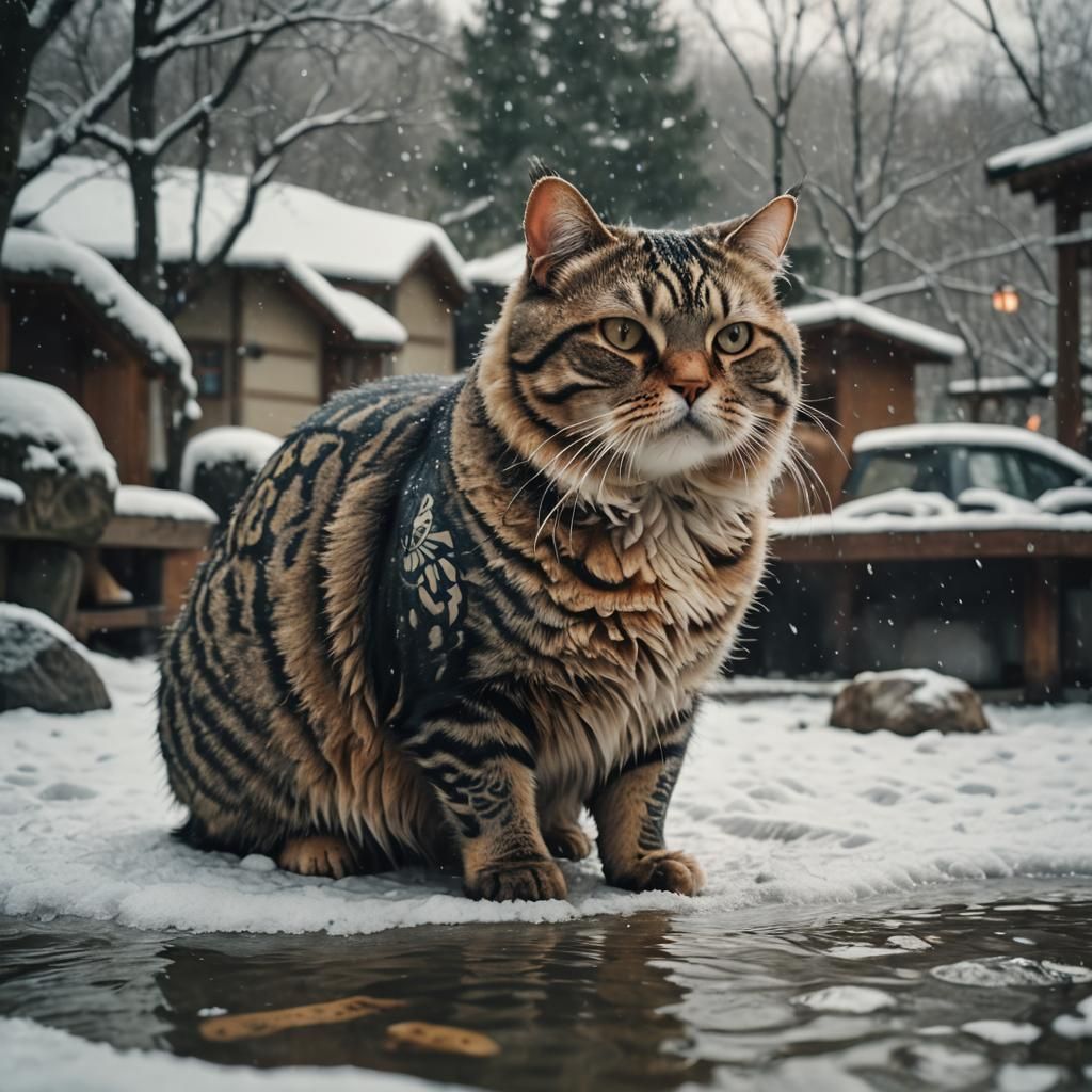 Tattooed Chubby Cat Soaking in Snowy Hot Spring