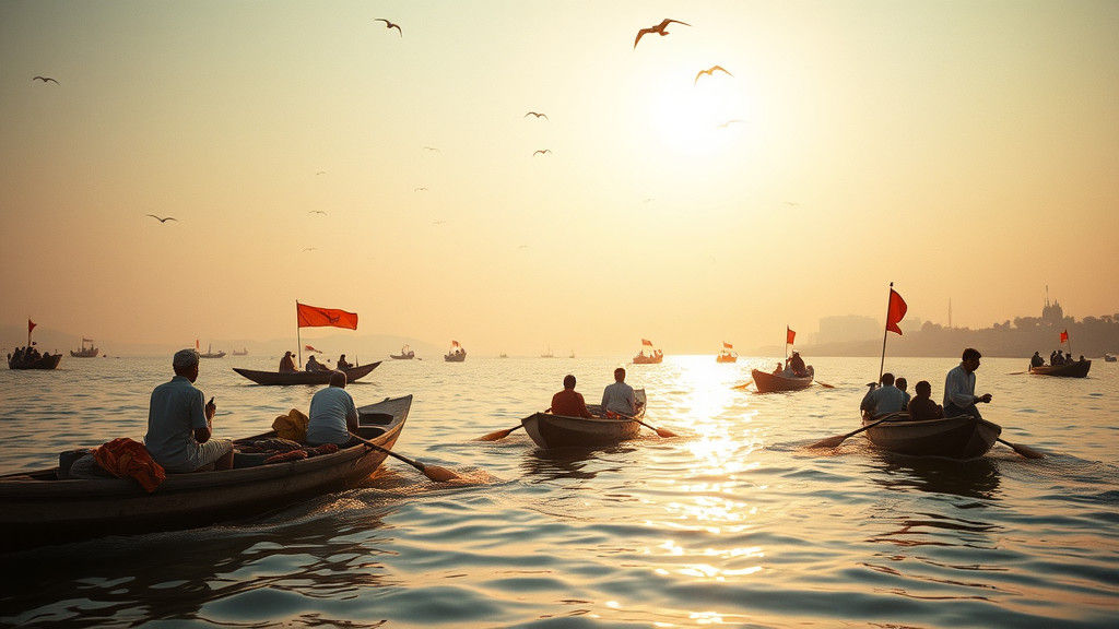 Prayagraj Triveni Sangam River Confluence in Golden Light