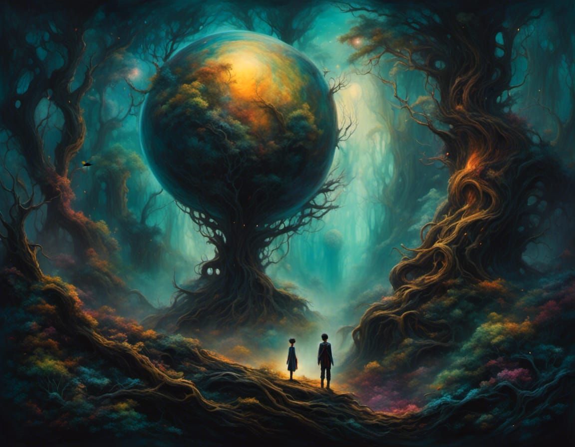 Glowing Planet on Shoulders in Mystical Forest