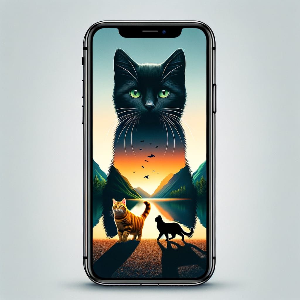 Black Kitten Silhouette Wallpaper with Double Exposure Cats