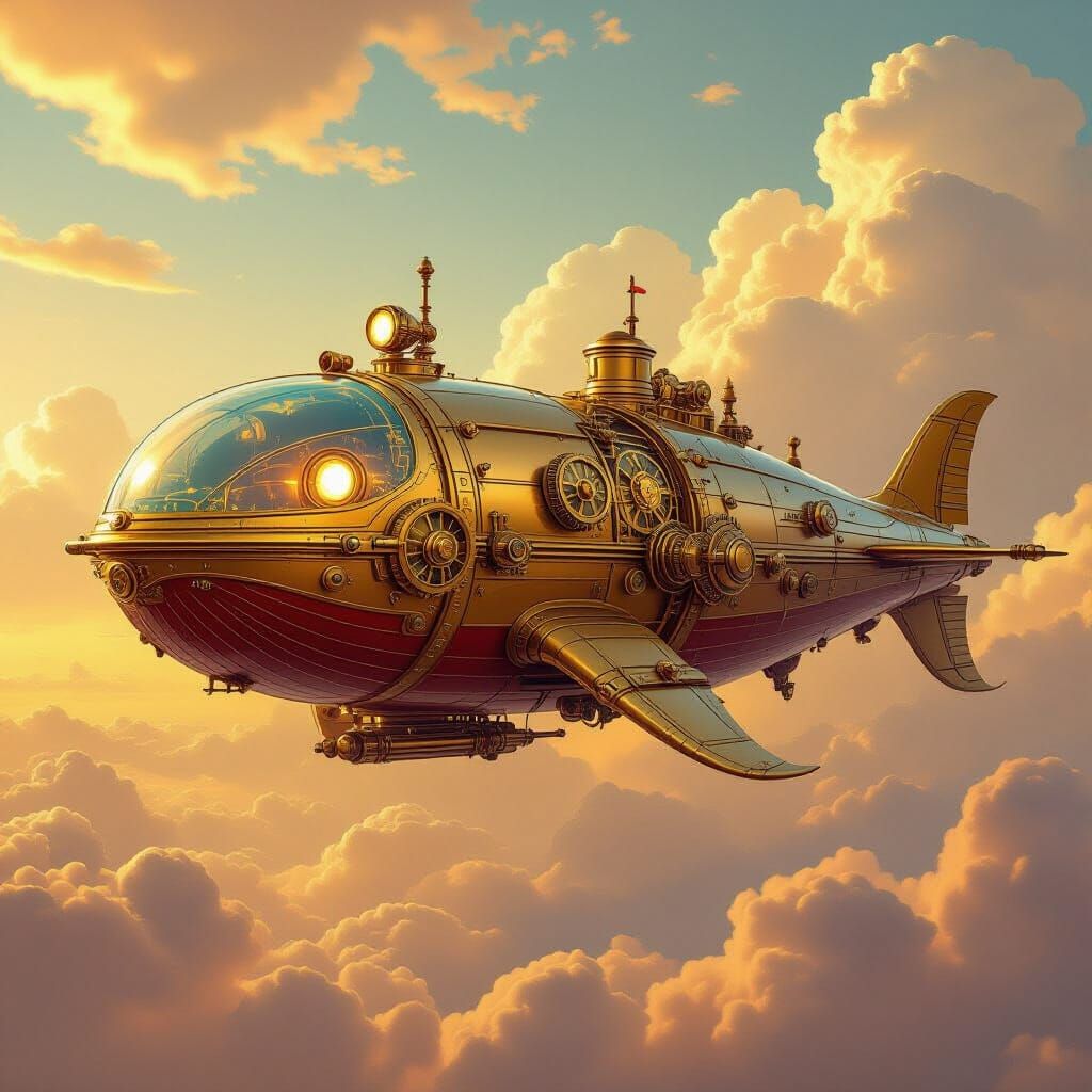 Steampunk Whale Airship Navigates Golden Cloud Sea