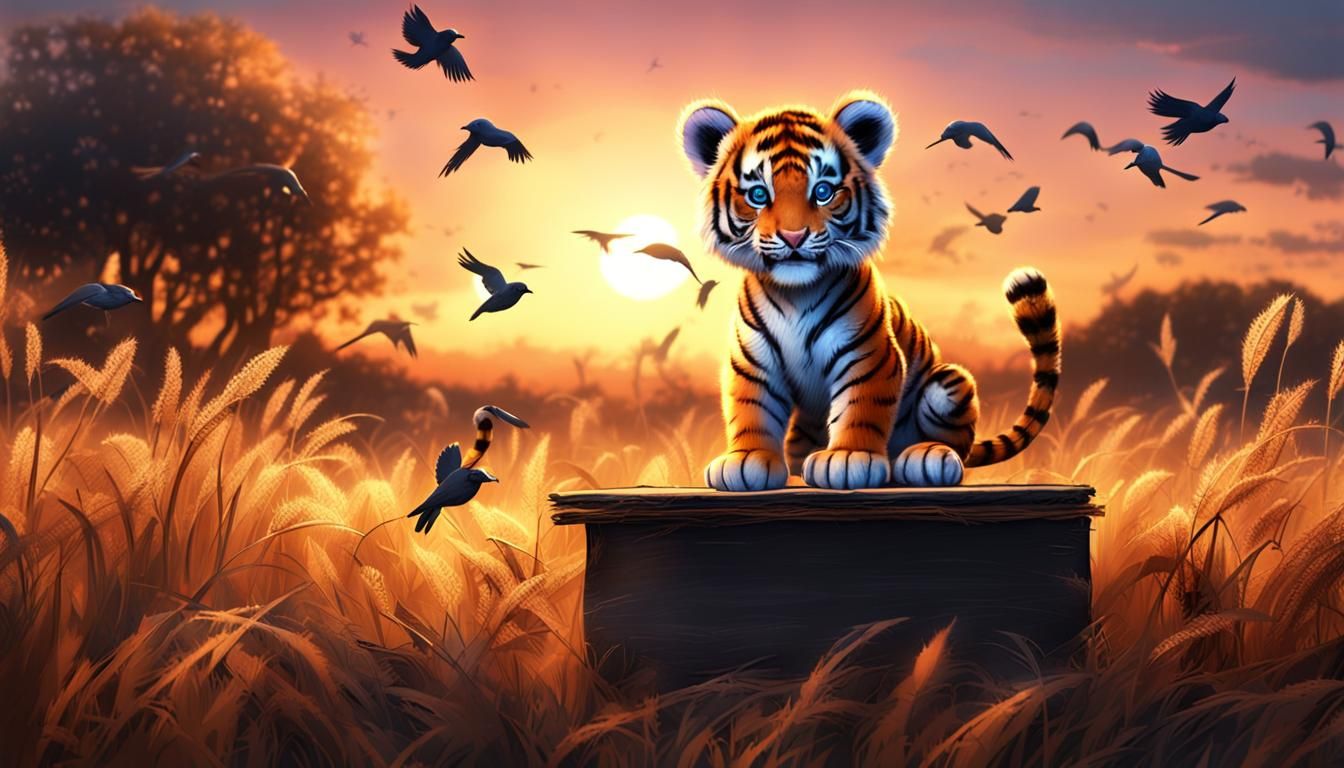 Baby tiger learning abc, on a field