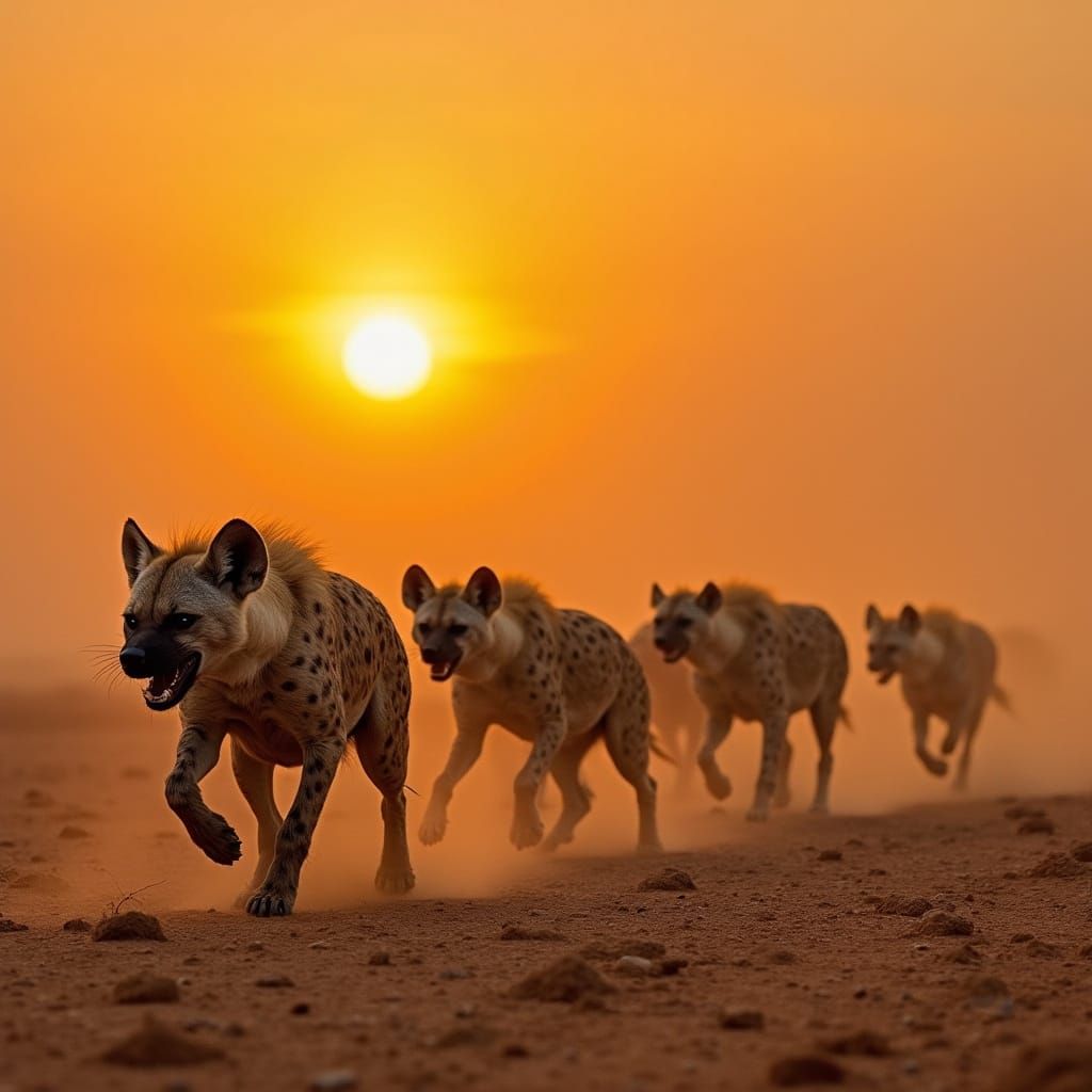 Hyenas Chase Prey in Sahara Sunset