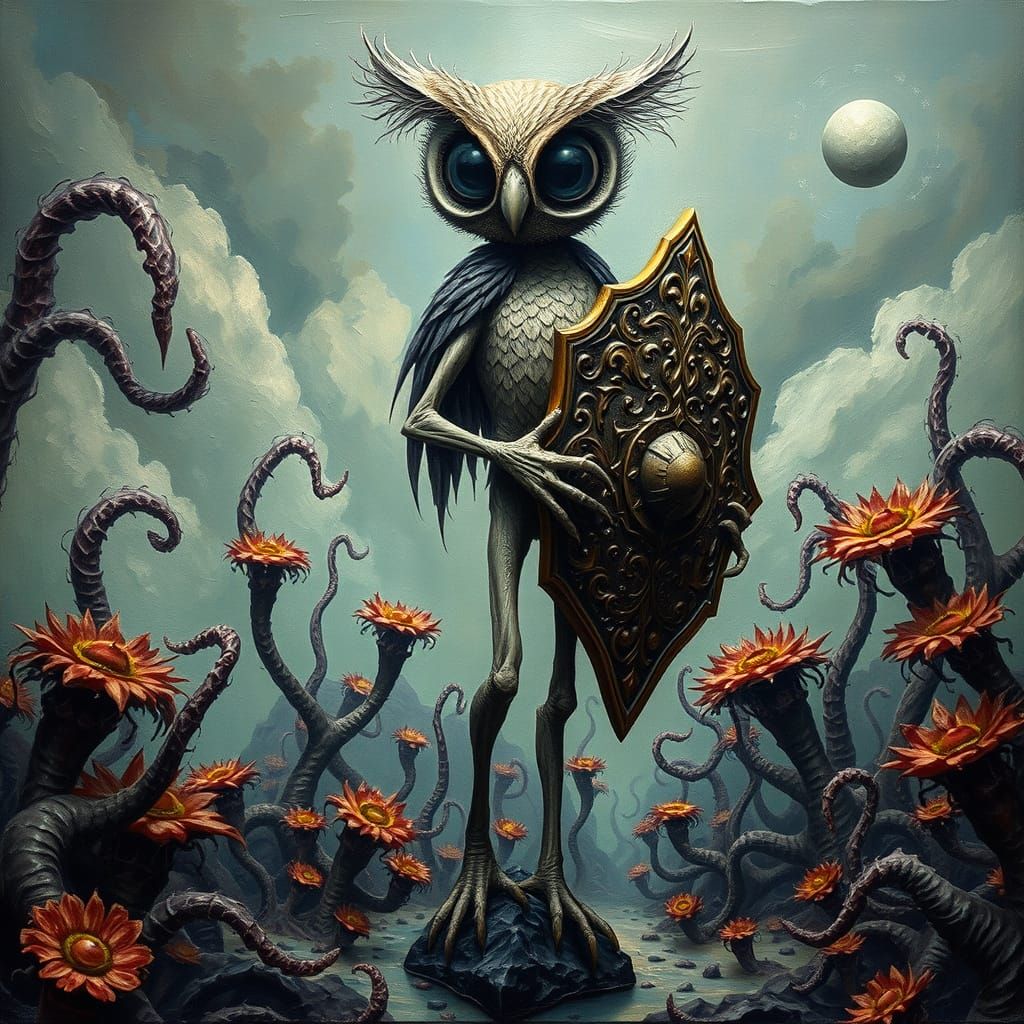 Ethereal Owl Guardian in Dark Surreal Landscape