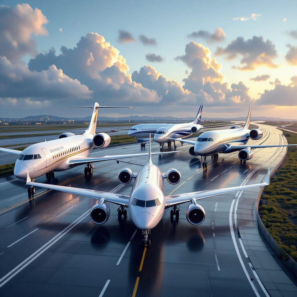 Five Luxury Private Jets on Scenic Highway, 8K Realistic