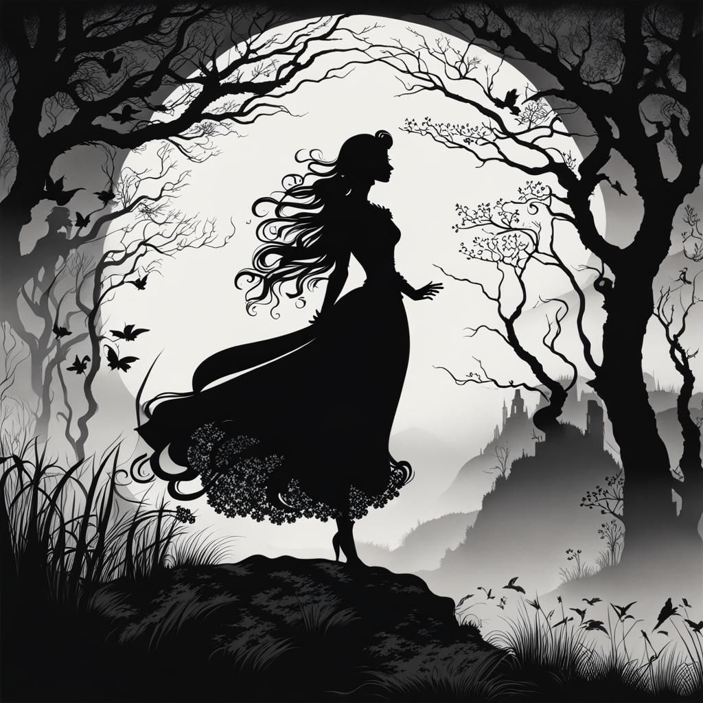 Ethereal Woman in Forest Silhouette, Arthur Rackham Style